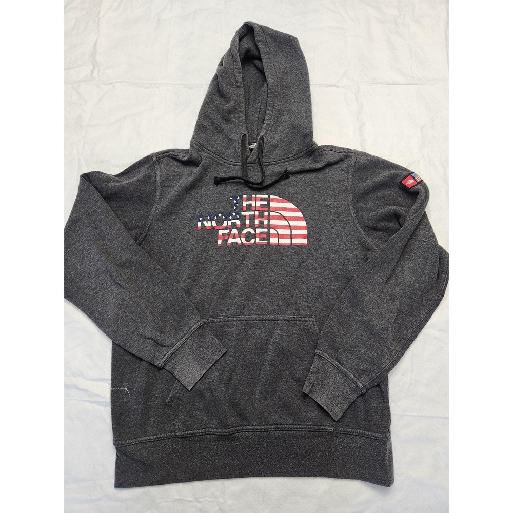 The North Face Hoodie Mens Small Gray USA Flag Logo Graphic Fleece Pullover